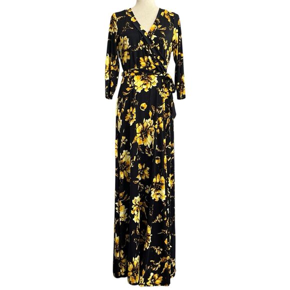 Janette Black Gold Floral Maxi Wrap Dress Size XL Stretch Wrinkle Free USA Made - Picture 1 of 12